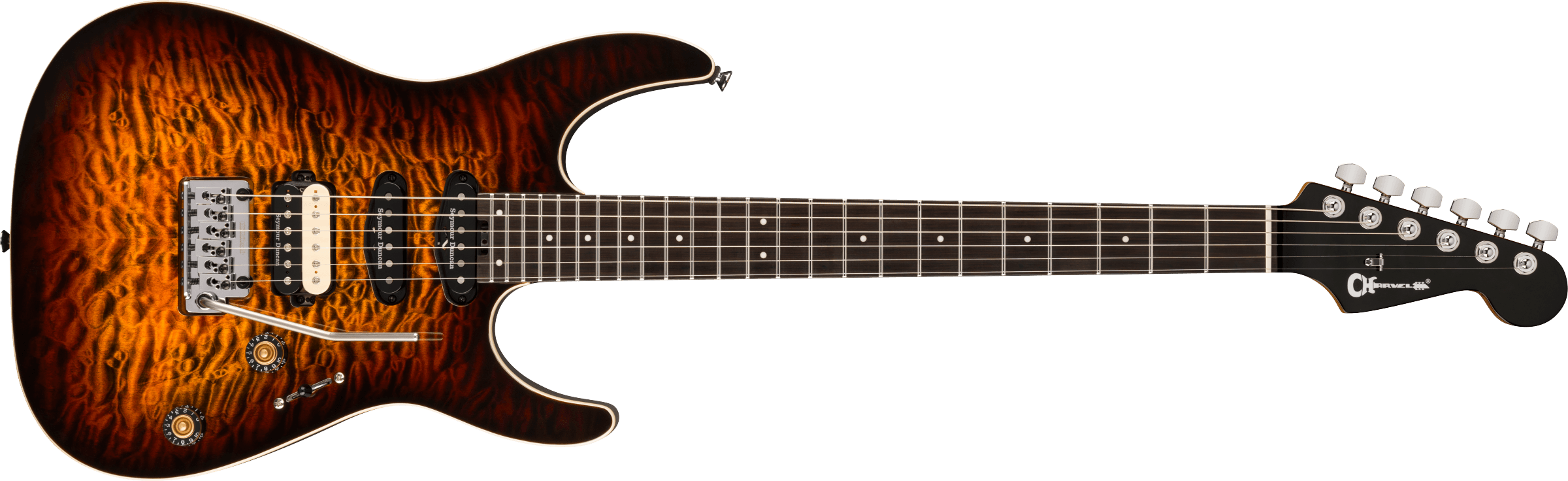Charvel Pro-Mod Plus Dinky® DK24 HSS 2PT EB QM, Ebony Fingerboard, Amber Tiger Eye - COMING SEPTEMBER 2026