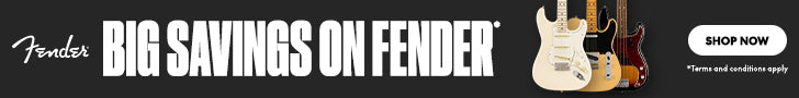 Fender guitar banner with 'Big Savings on Fender' text and three guitars.