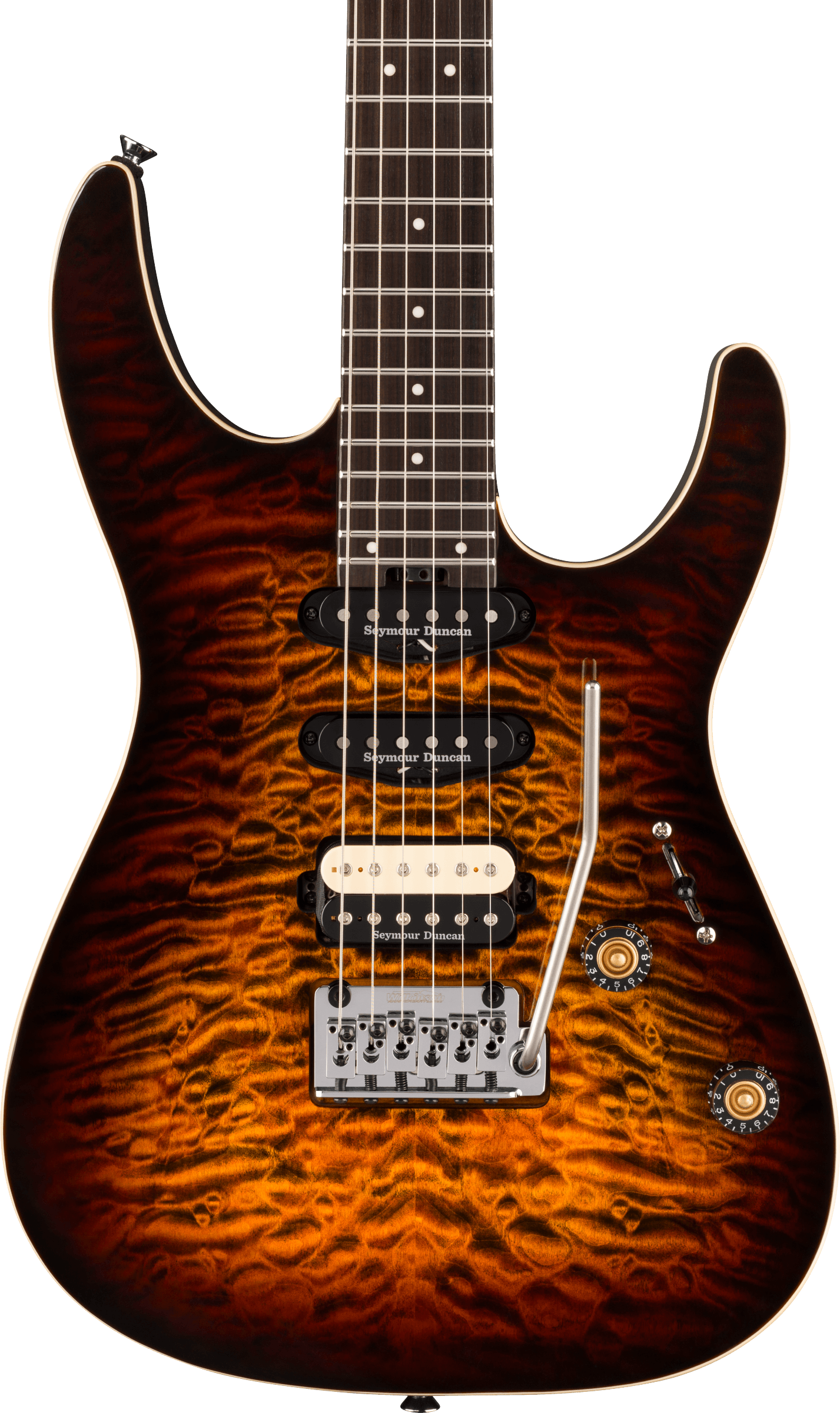 Charvel Pro-Mod Plus Dinky® DK24 HSS 2PT EB QM, Ebony Fingerboard, Amber Tiger Eye - COMING SEPTEMBER 2026